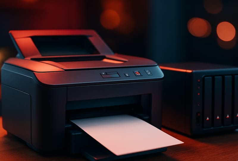 A NAS device connected to a USB printer and network router for shared printing and scanning