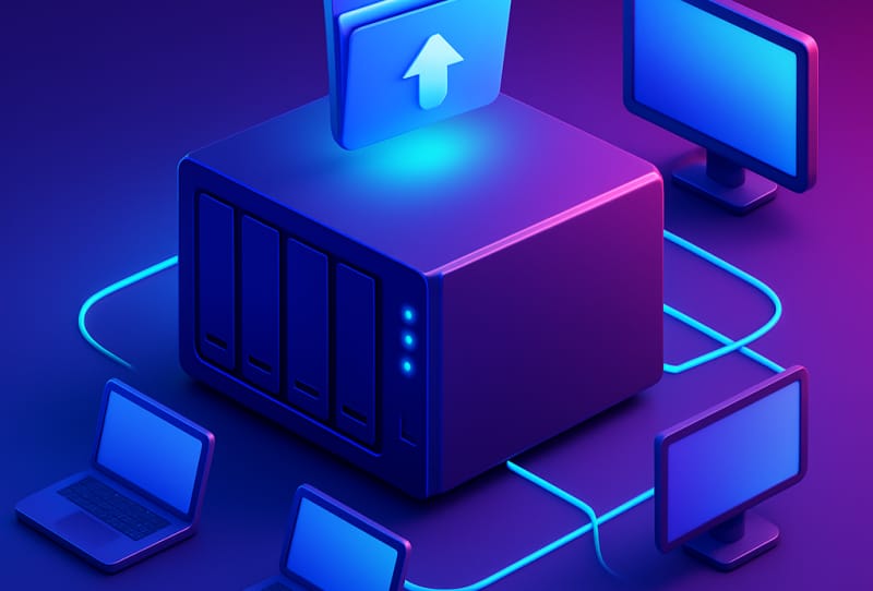 Homepage 2026 1 NAS device connected to a home network router with a laptop accessing a shared folder