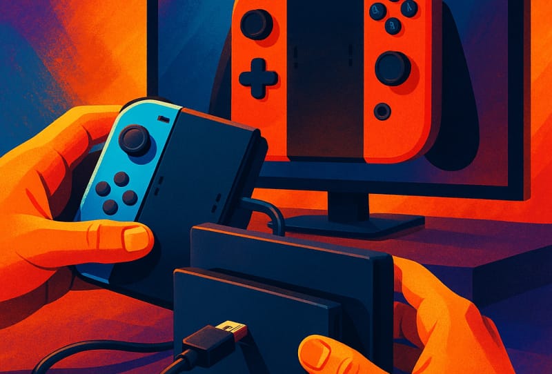 Nintendo Switch console docked and connected to a television with Joy-Con controllers nearby