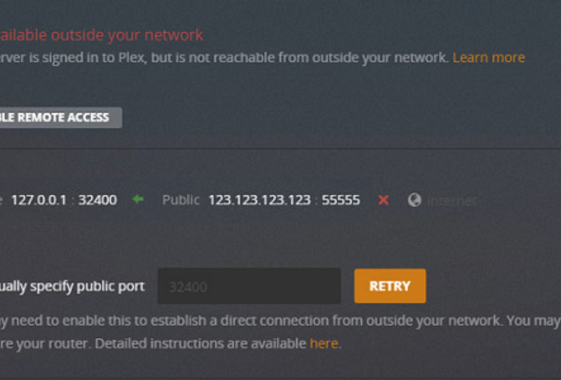 Plex remote access settings screen shown on a laptop with a home network in the background