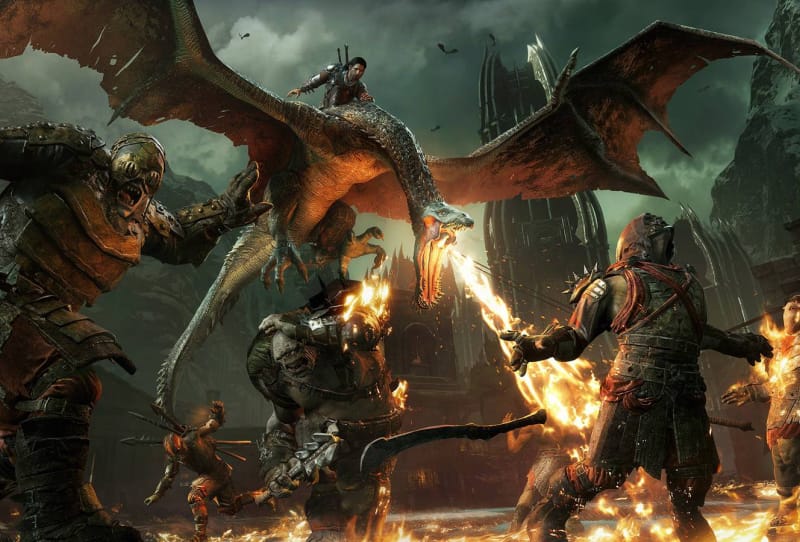 Shadow of Mordor Switch 2 key art showing protagonist Talion facing an orc captain from the Nemesis System