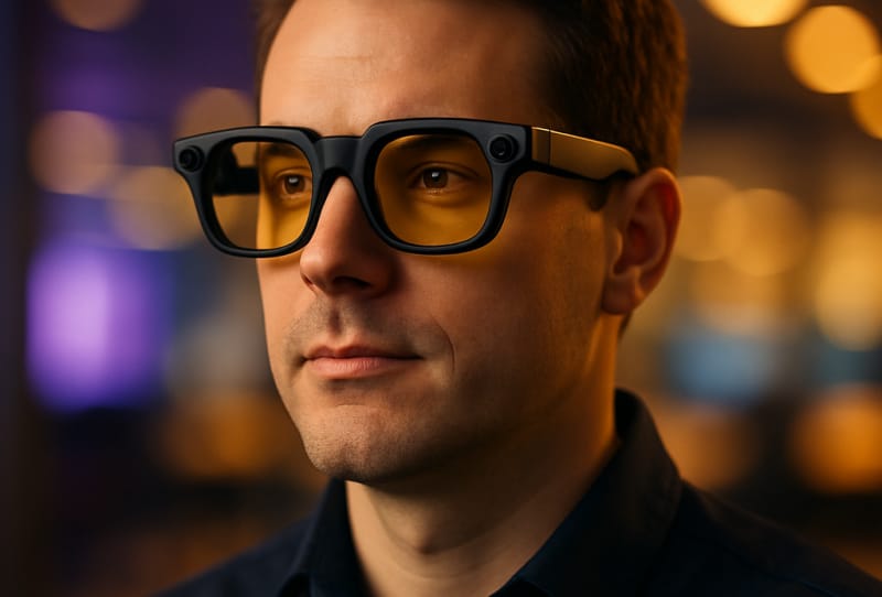 Homepage 2026 4 Snap Specs AR glasses displayed on a table, the augmented reality headset Snap is pitching to enterprise customers