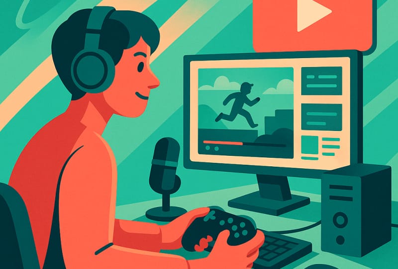 Homepage 2026 34 A gamer streaming PC gameplay to YouTube using a desktop computer and streaming software