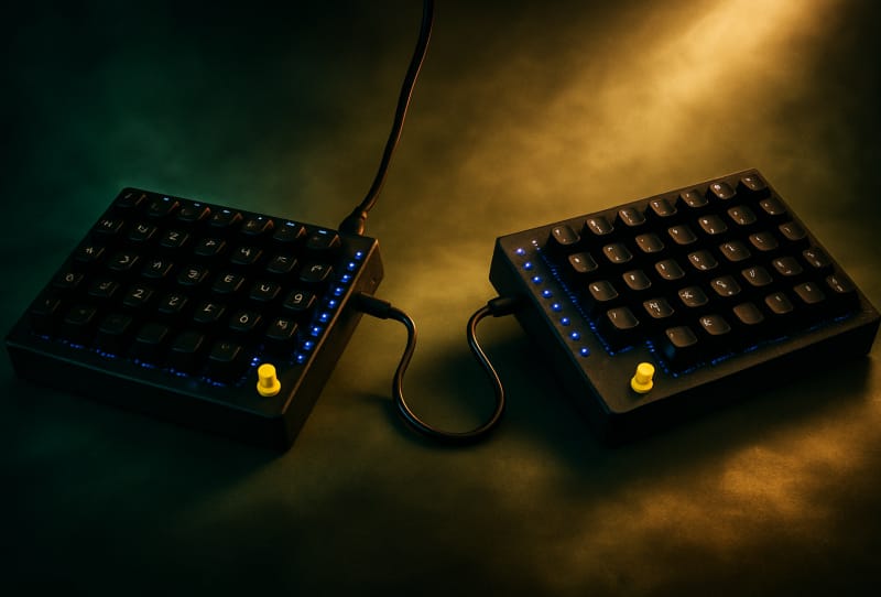 Homepage 2026 8 Tiwaz split keyboard shown with dual thumb joysticks and hot-swap mechanical switches