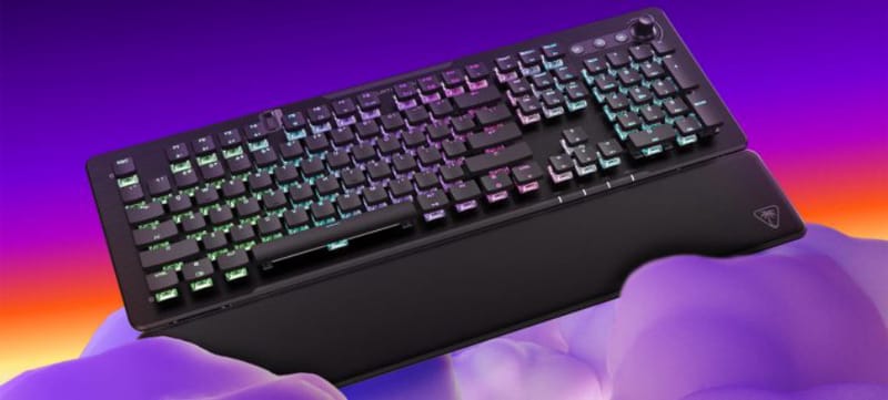 Turtle Beach Vulcan II XP Air keyboard shown from the front with low-profile keycaps and RGB lighting