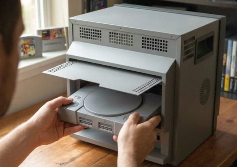 Unico Traveller ULW10 retro gaming monitor shown from the side with its rear storage compartment open