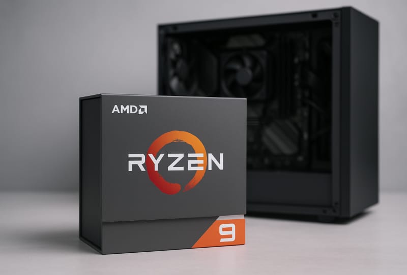 A gaming PC case open on a desk with a new CPU, motherboard and RAM ready to be installed