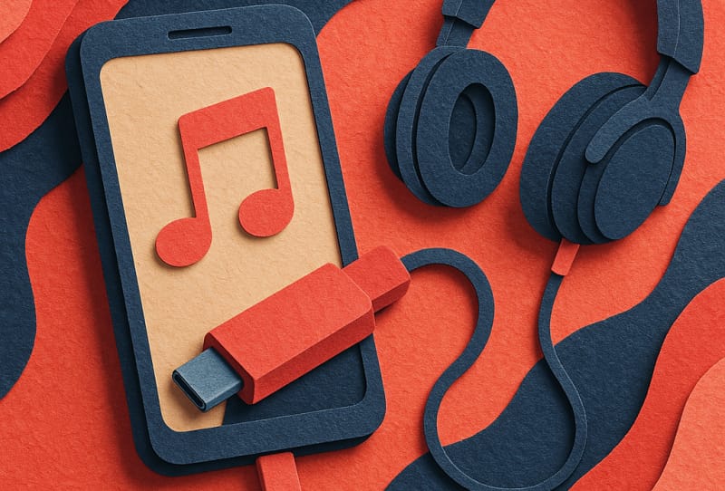 Homepage 2026 13 A small USB-C DAC dongle connected between a smartphone and a pair of wired headphones