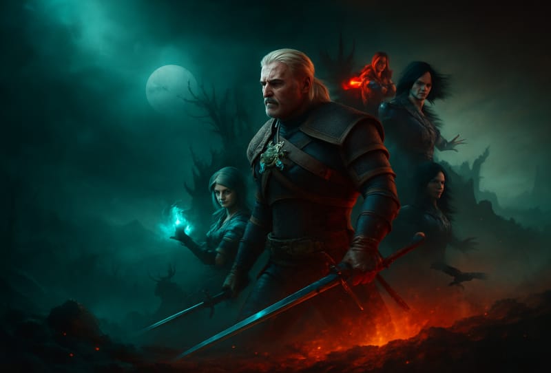 PC monitor displaying The Witcher 3 Wild Hunt Remastered next to a breakdown of Witcher 3 Remastered PC requirements
