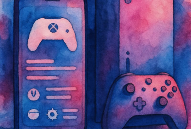 Homepage 2026 35 Xbox app open on a phone showing console settings next to an Xbox console