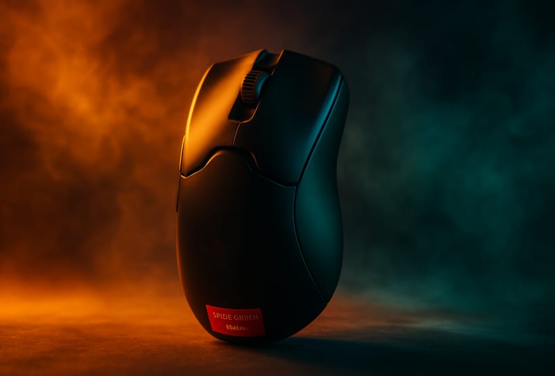 Close-up of a lightweight wireless gaming mouse set up for competitive FPS play