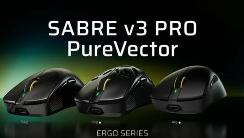 Corsair Sabre V3 Pro PureVector gaming mouse shown in carbon fibre and magnesium finishes