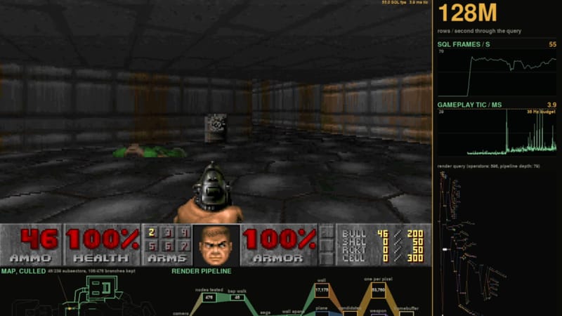 Developer Gets Doom Running Entirely Inside a SQL Database 3 Screenshot of the Doom SQL database port showing the game rendered through live database queries