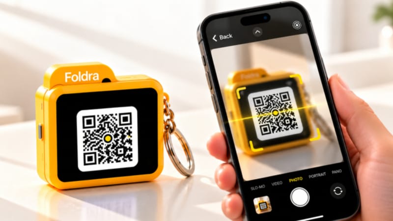 Foldra Pocket Cloud Server Fits File Sharing On A Keyring 1 Foldra pocket cloud server shown on a keyring with its small touch OLED screen