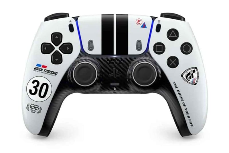Gran Turismo DualSense controller with carbon-fibre style front plate and racing stripes