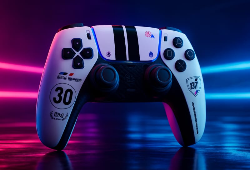 Gran Turismo DualSense controller with carbon-fibre style front plate and racing stripes