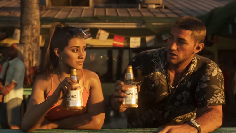 GTA 6 hurricanes battering a dockside bar in Vice City with heavy rain and wind