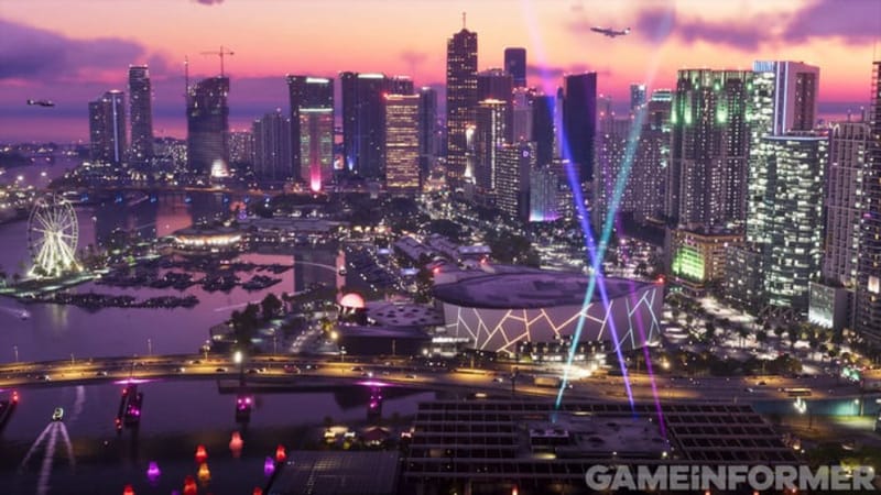 GTA 6 hurricanes battering a dockside bar in Vice City with heavy rain and wind