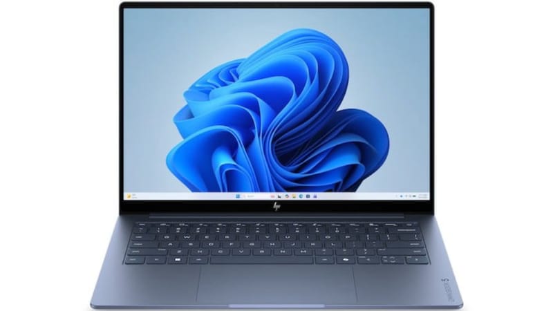 HP OmniBook 5 laptop in four colours showing its thin OLED display and aluminium chassis
