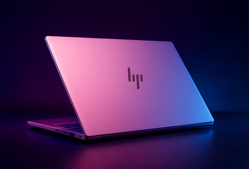 HP OmniBook 5 laptop in four colours showing its thin OLED display and aluminium chassis
