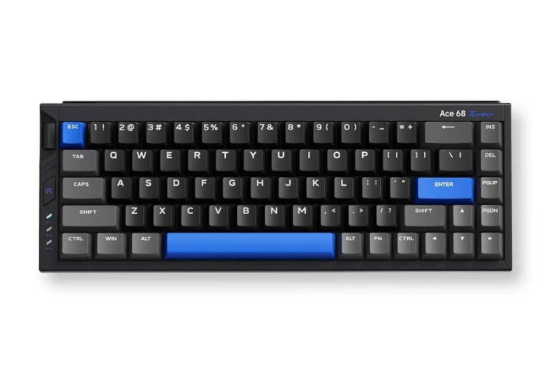 Mchose Ace68 V2 hall effect keyboard shown in white with translucent keycaps and metal trim