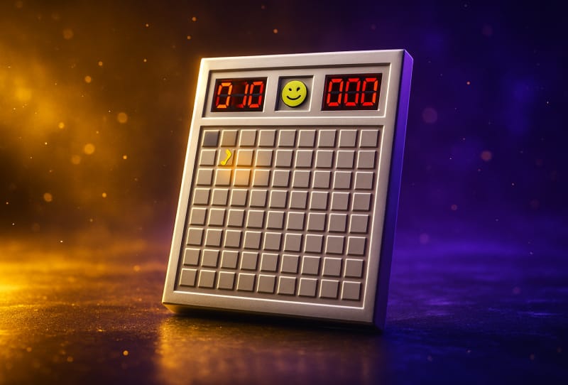 Screenshot-style illustration of a Minesweeper parody game with a chatty NPC guiding the player through the grid