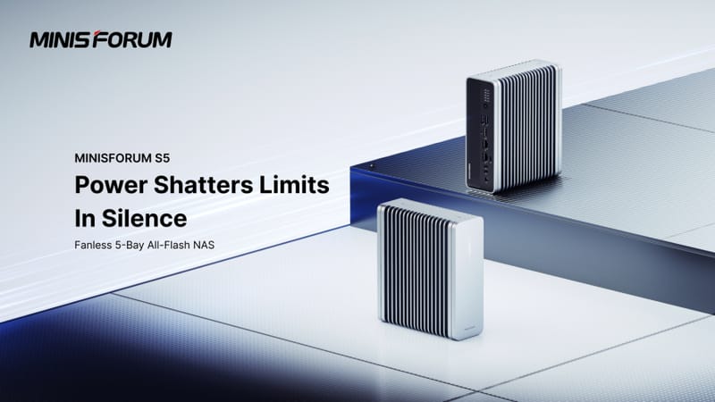 Minisforum S5 NAS fanless chassis showing NVMe drive bays and rear USB4 and 10GbE ports