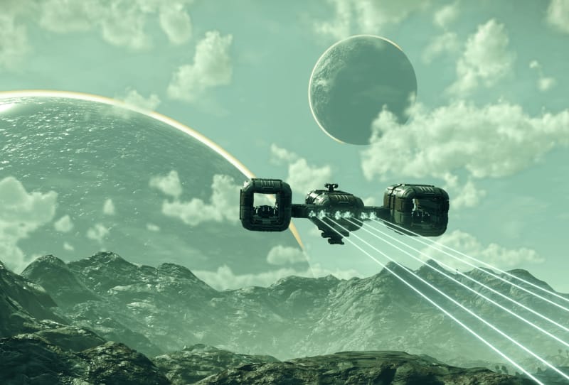 No Man's Sky iPhone gameplay showing a spaceship flying over a colourful alien planet