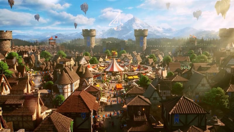CGI teaser artwork for RuneScape 4 showing a dragon rider and floating islands above a green valley