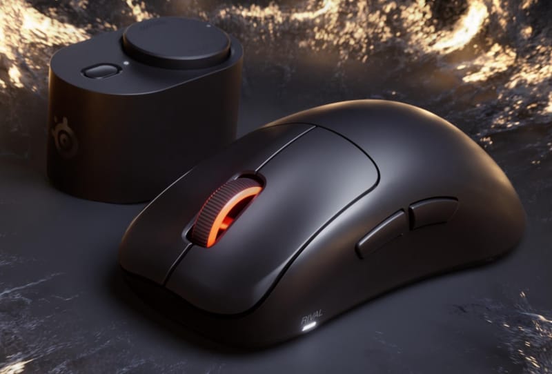 SteelSeries Rival Pro wireless gaming mouse shown alongside its Ultra-Wideband receiver