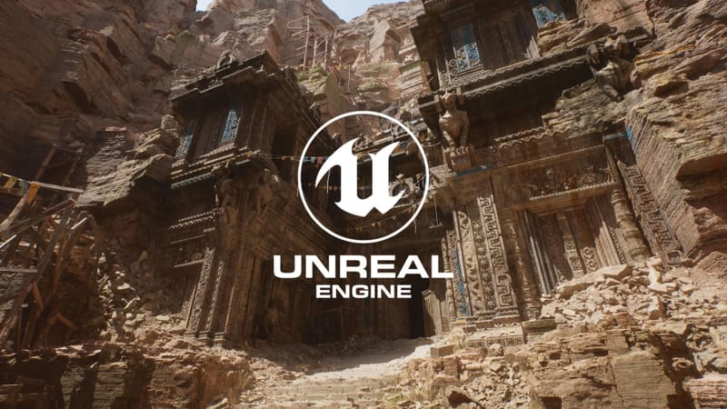 Unreal Engine 5.8 logo over a game scene illustrating shader compilation stuttering fixes