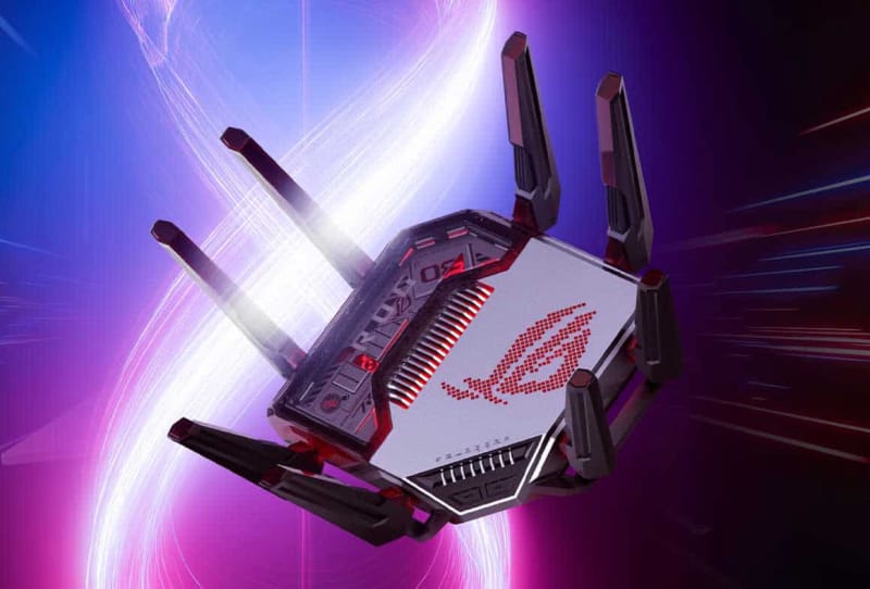 ASUS ROG Rapture GT-BN98 Wi-Fi 8 router shown from the front with its antenna array