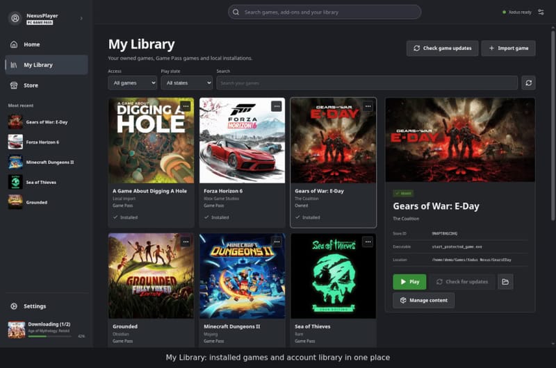Xodus Nexus launcher interface showing an Xbox Game Pass library running on SteamOS